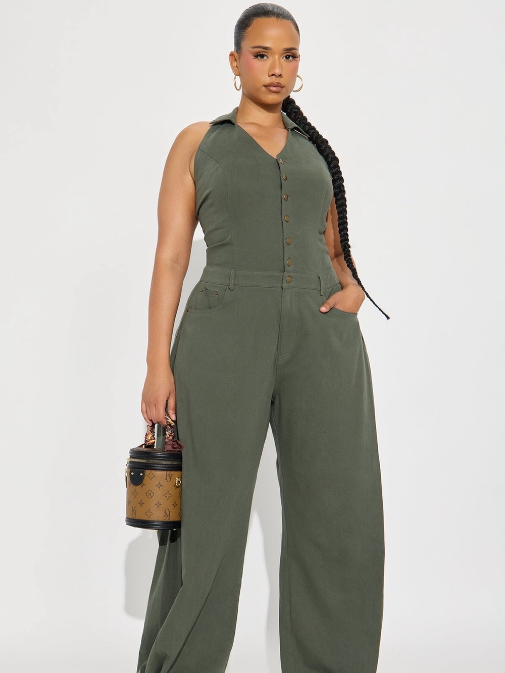 Fashion Nova Olive Green Sleeveless Button-Front Jumpsuit